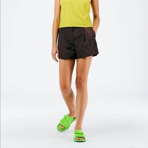 Tibi //Italian Sporty Nylon Pleated Shorts, Dark Brown